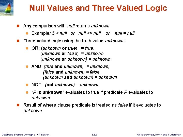 Null Values and Three Valued Logic n Any comparison with null returns unknown l