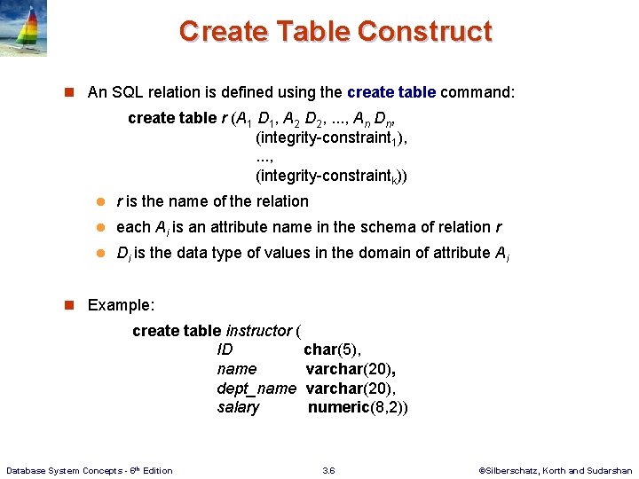 Create Table Construct n An SQL relation is defined using the create table command: