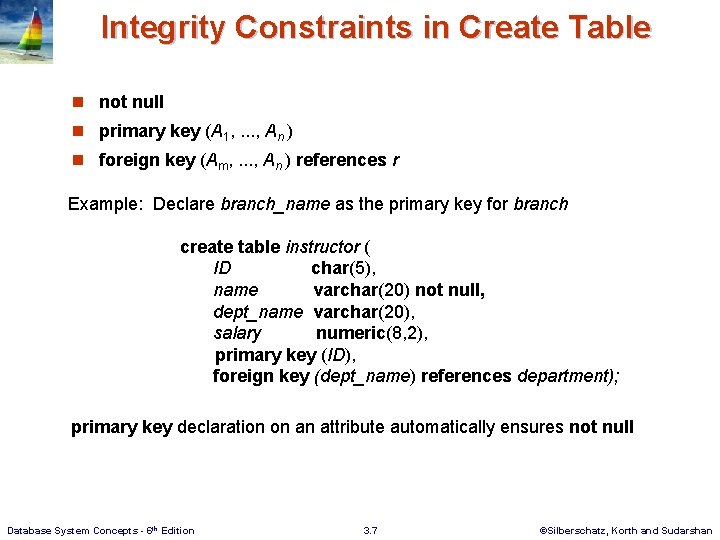 Integrity Constraints in Create Table n not null n primary key (A 1, .