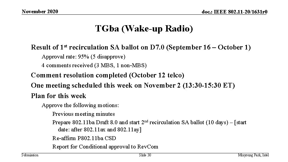 November 2020 doc. : IEEE 802. 11 -20/1631 r 0 TGba (Wake-up Radio) Result