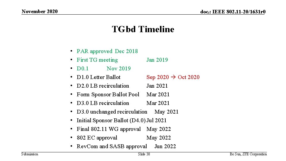 November 2020 doc. : IEEE 802. 11 -20/1631 r 0 TGbd Timeline • •