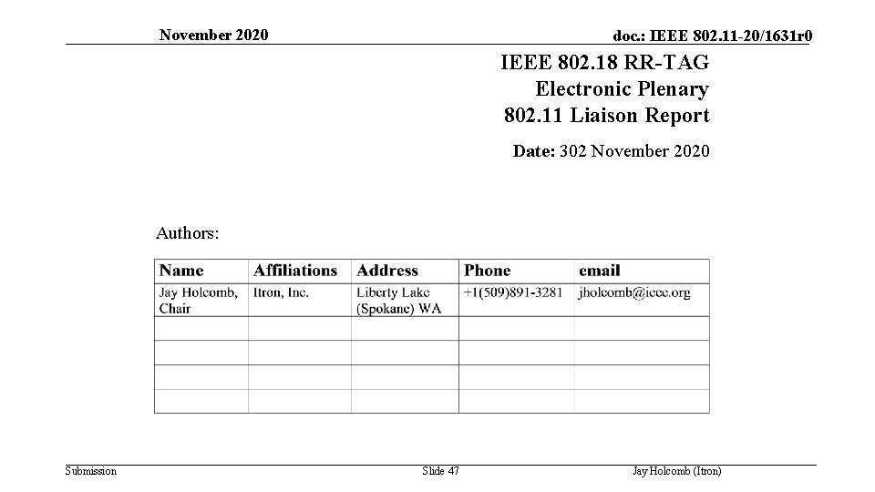 November 2020 doc. : IEEE 802. 11 -20/1631 r 0 IEEE 802. 18 RR-TAG