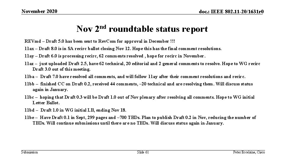 November 2020 doc. : IEEE 802. 11 -20/1631 r 0 Nov 2 nd roundtable
