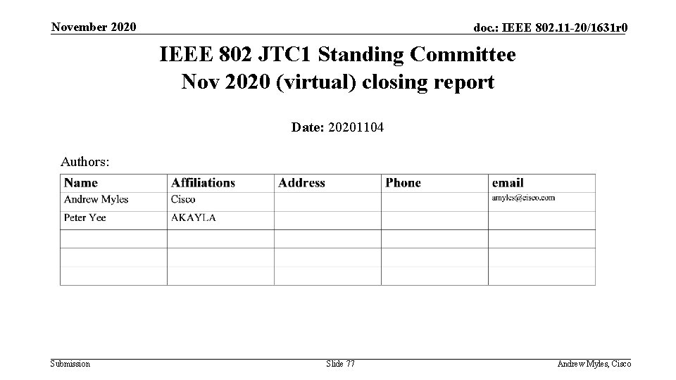November 2020 doc. : IEEE 802. 11 -20/1631 r 0 IEEE 802 JTC 1