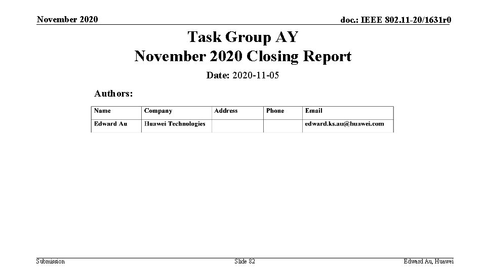 November 2020 doc. : IEEE 802. 11 -20/1631 r 0 Task Group AY November