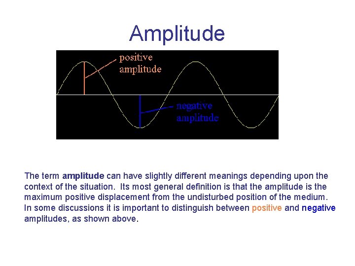 Amplitude The term amplitude can have slightly different meanings depending upon the context of