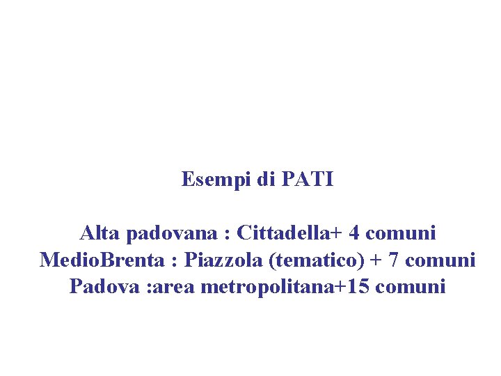 Esempi di PATI Alta padovana : Cittadella+ 4 comuni Medio. Brenta : 2 Piazzola