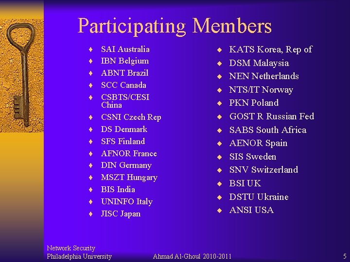 Participating Members ¨ ¨ ¨ ¨ SAI Australia IBN Belgium ABNT Brazil SCC Canada Participating Members ¨ ¨ ¨ ¨ SAI Australia IBN Belgium ABNT Brazil SCC Canada