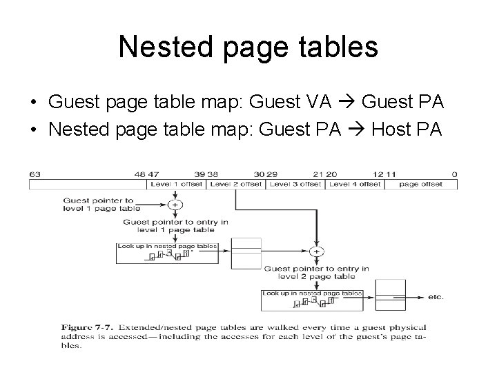 Nested page tables • Guest page table map: Guest VA Guest PA • Nested