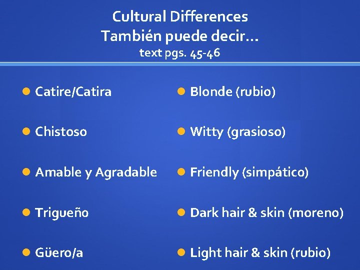 Cultural Differences También puede decir… text pgs. 45 -46 Catire/Catira Blonde (rubio) Chistoso Witty
