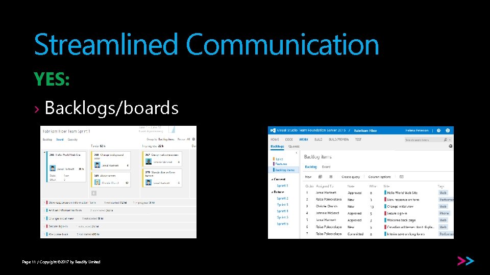 Streamlined Communication YES: › Backlogs/boards Page 11 / Copyright © 2017 by Readify Limited