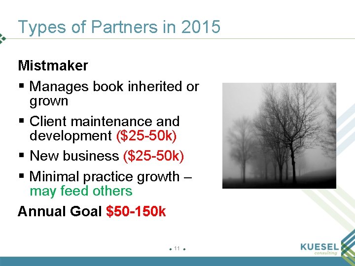 Types of Partners in 2015 Mistmaker § Manages book inherited or grown § Client