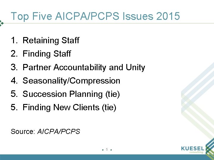 Top Five AICPA/PCPS Issues 2015 1. Retaining Staff 2. Finding Staff 3. Partner Accountability