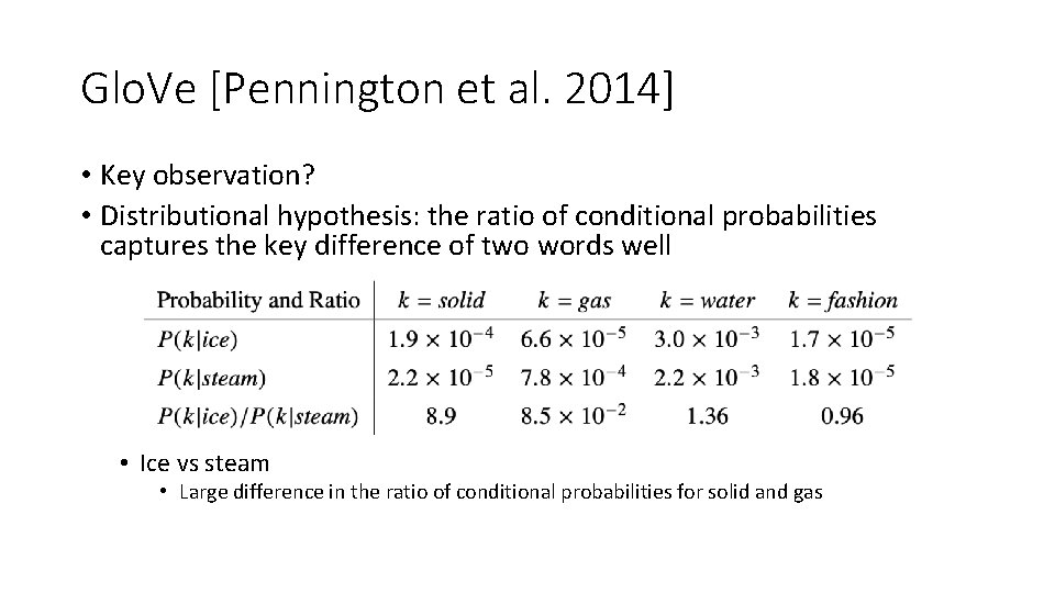 Glo. Ve [Pennington et al. 2014] • Key observation? • Distributional hypothesis: the ratio