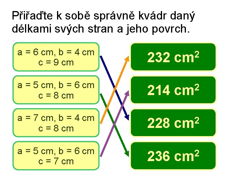 Přiřaďte k sobě správně kvádr daný délkami svých stran a jeho povrch. a =