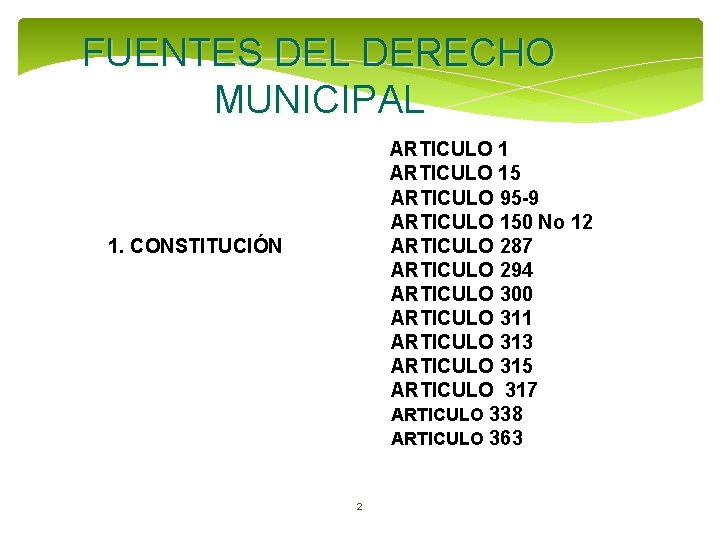 FUENTES DEL DERECHO MUNICIPAL ARTICULO 15 ARTICULO 95 -9 ARTICULO 150 No 12 ARTICULO