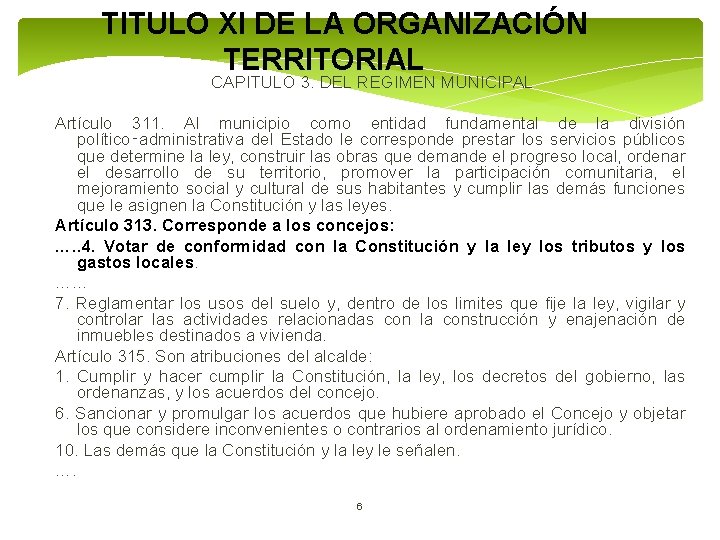 TITULO XI DE LA ORGANIZACIÓN TERRITORIAL CAPITULO 3. DEL REGIMEN MUNICIPAL Artículo 311. Al