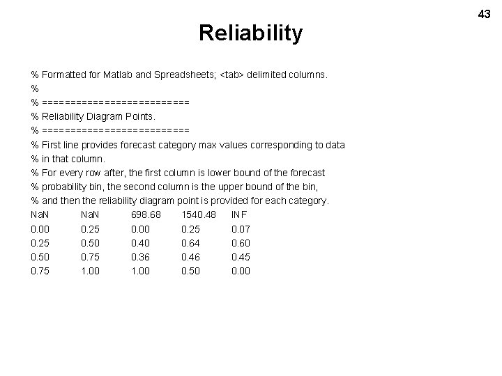 Reliability % Formatted for Matlab and Spreadsheets; <tab> delimited columns. % % ============= %