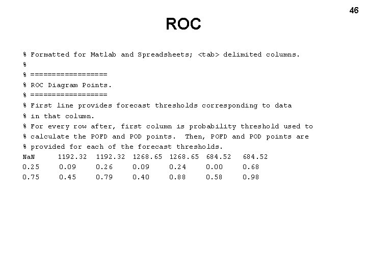 ROC % Formatted for Matlab and Spreadsheets; <tab> delimited columns. % % ========= %