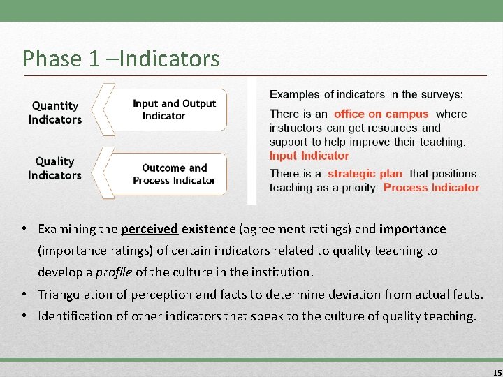 Phase 1 –Indicators • Examining the perceived existence (agreement ratings) and importance (importance ratings)