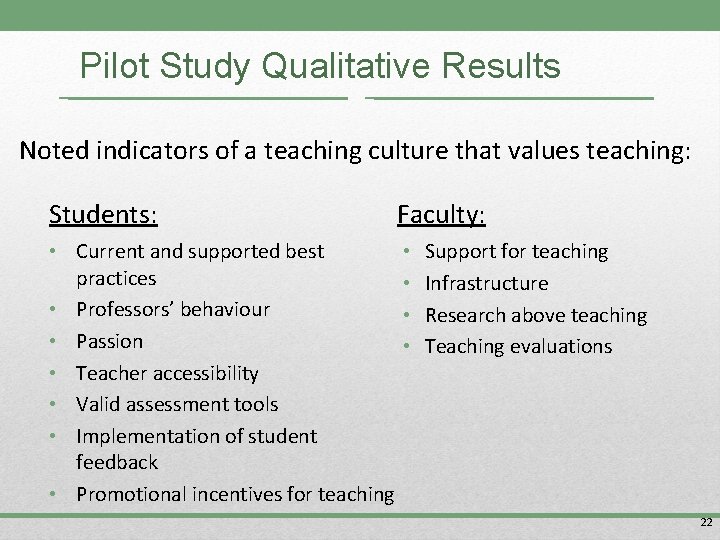 Pilot Study Qualitative Results Noted indicators of a teaching culture that values teaching: Students: