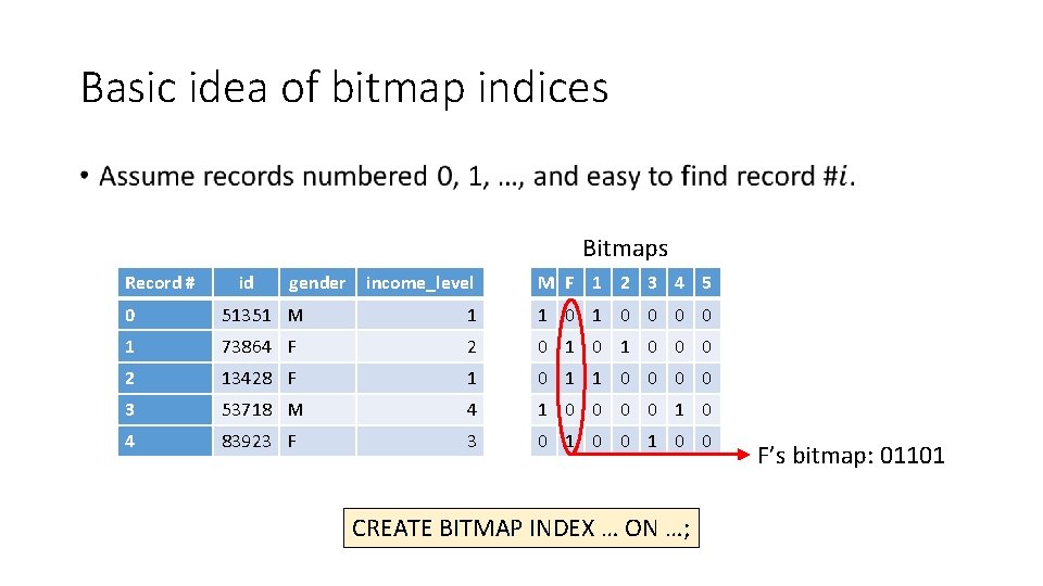 Basic idea of bitmap indices • Bitmaps Record # id gender income_level M F Basic idea of bitmap indices • Bitmaps Record # id gender income_level M F