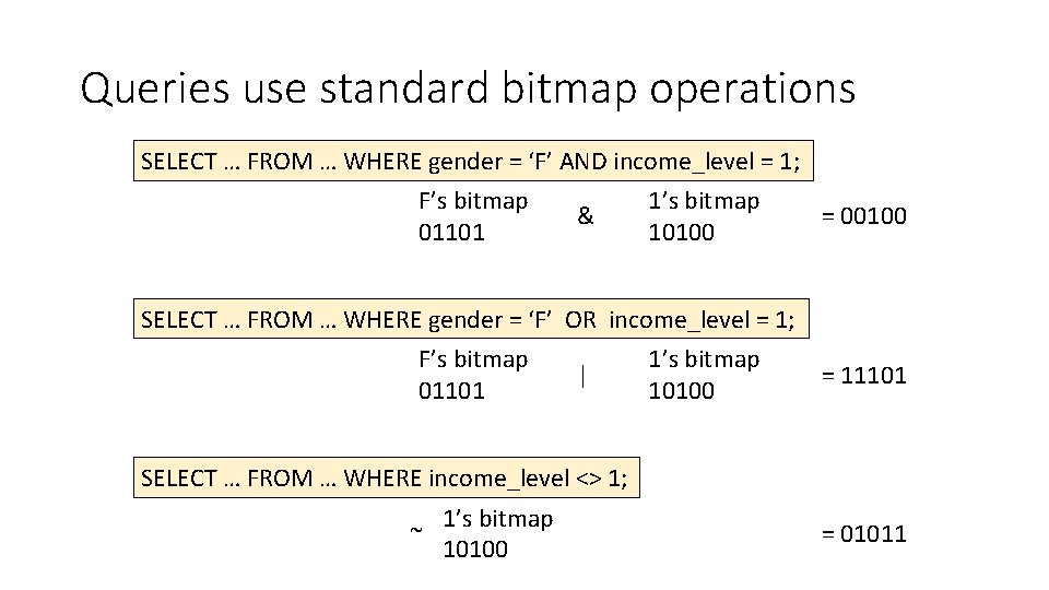 Queries use standard bitmap operations SELECT … FROM … WHERE gender = ‘F’ AND Queries use standard bitmap operations SELECT … FROM … WHERE gender = ‘F’ AND