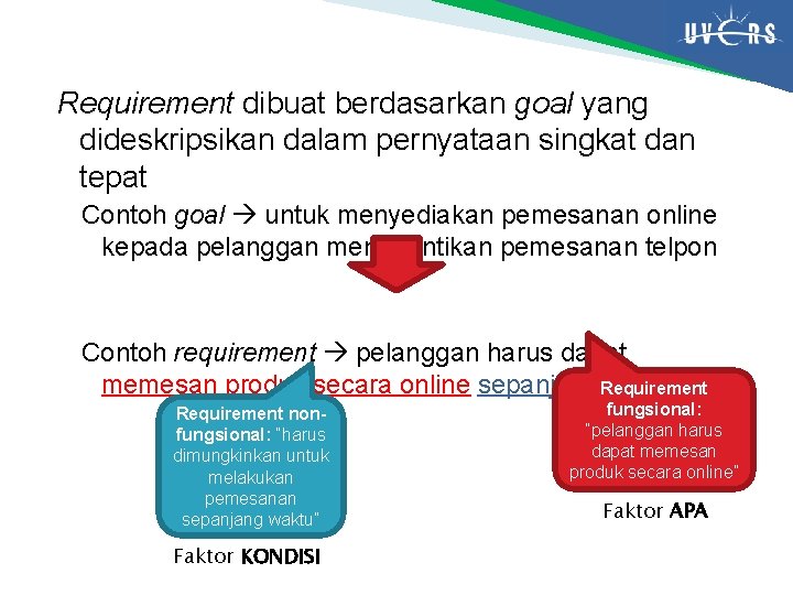 Requirement dibuat berdasarkan goal yang dideskripsikan dalam pernyataan singkat dan tepat Contoh goal untuk