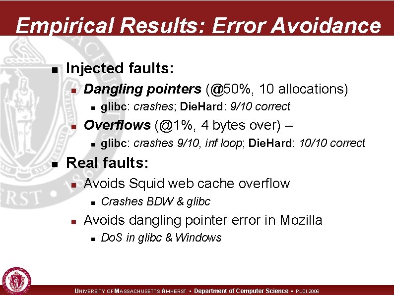 Empirical Results: Error Avoidance n Injected faults: n Dangling pointers (@50%, 10 allocations) n