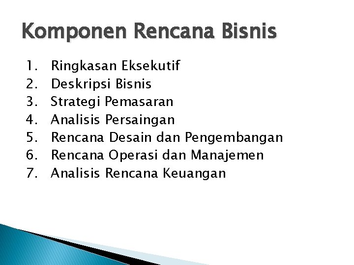 Komponen Rencana Bisnis 1. 2. 3. 4. 5. 6. 7. Ringkasan Eksekutif Deskripsi Bisnis