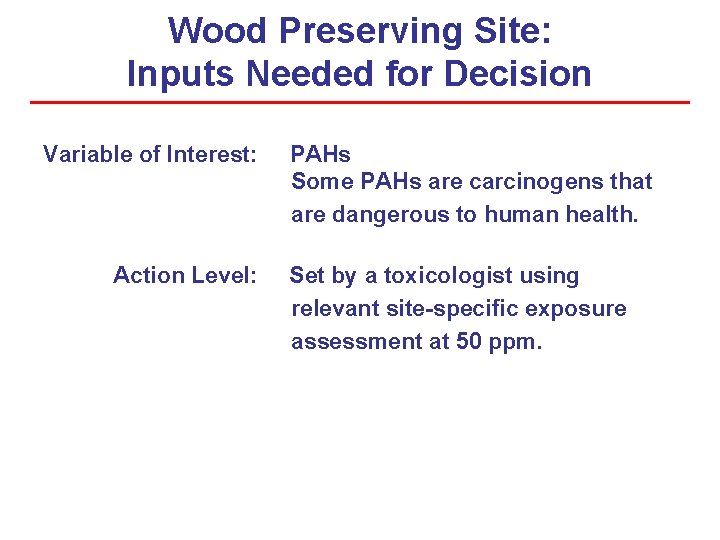 Wood Preserving Site: Inputs Needed for Decision Variable of Interest: Action Level: PAHs Some Wood Preserving Site: Inputs Needed for Decision Variable of Interest: Action Level: PAHs Some