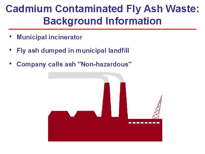 Cadmium Contaminated Fly Ash Waste: Background Information • Municipal incinerator • Fly ash dumped Cadmium Contaminated Fly Ash Waste: Background Information • Municipal incinerator • Fly ash dumped