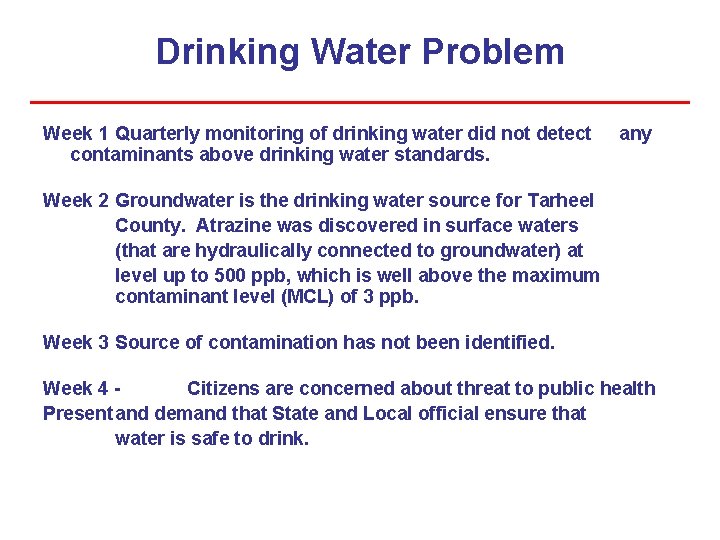 Drinking Water Problem Week 1 Quarterly monitoring of drinking water did not detect contaminants Drinking Water Problem Week 1 Quarterly monitoring of drinking water did not detect contaminants