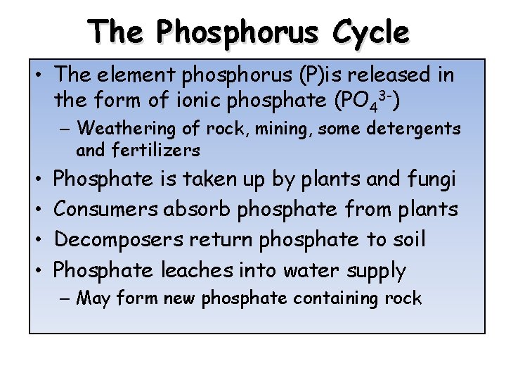 The Phosphorus Cycle • The element phosphorus (P)is released in the form of ionic