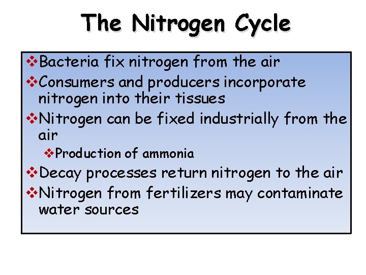 The Nitrogen Cycle v. Bacteria fix nitrogen from the air v. Consumers and producers