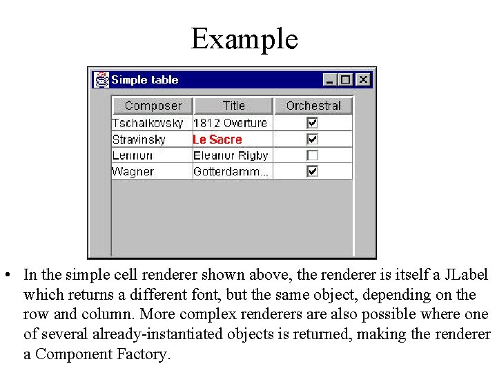 Example • In the simple cell renderer shown above, the renderer is itself a