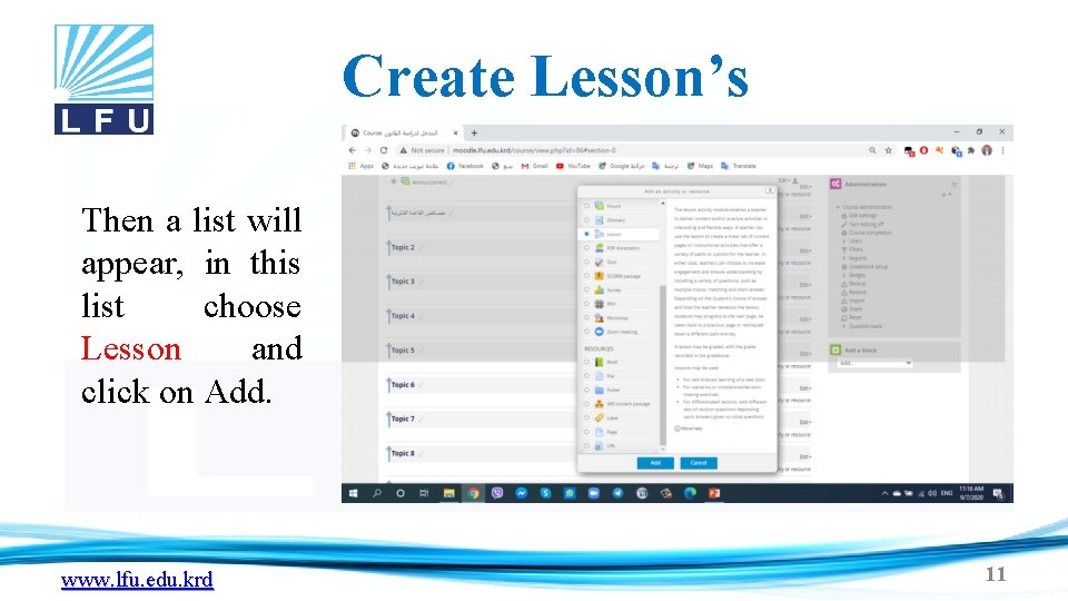 Create Lesson’s Then a list will appear, in this list choose Lesson and click