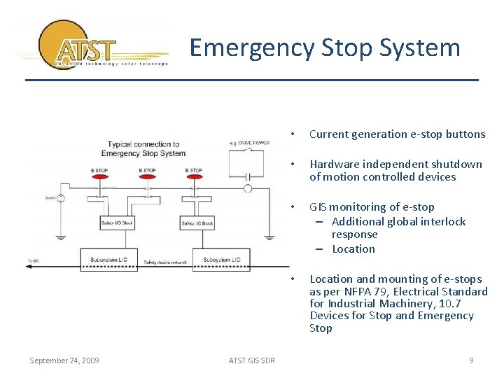 Emergency Stop System September 24, 2009 ATST GIS SDR • Current generation e-stop buttons