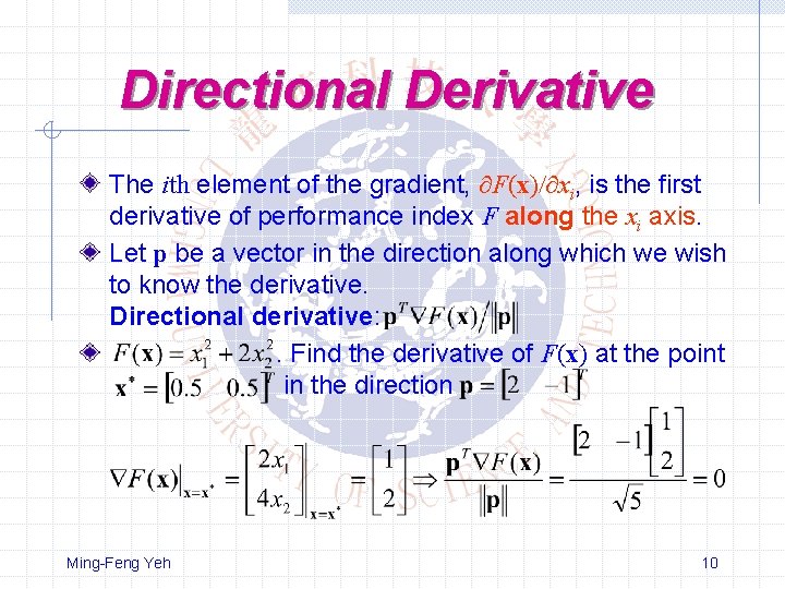 Directional Derivative The ith element of the gradient, F(x) xi, is the first derivative