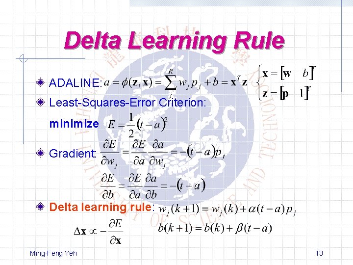 Delta Learning Rule ADALINE: Least-Squares-Error Criterion: minimize Gradient: Delta learning rule: Ming-Feng Yeh 13