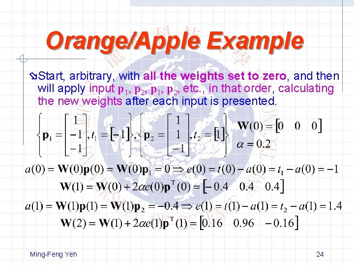 Orange/Apple Example Start, arbitrary, with all the weights set to zero, and then will