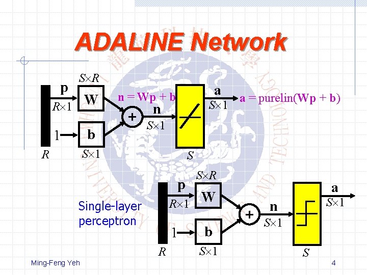 ADALINE Network p S R W R 1 b 1 a n = Wp