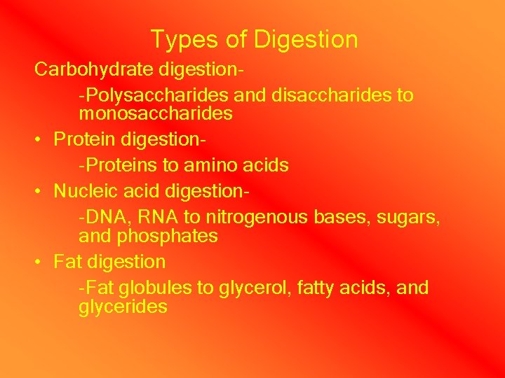 Types of Digestion Carbohydrate digestion-Polysaccharides and disaccharides to monosaccharides • Protein digestion-Proteins to amino