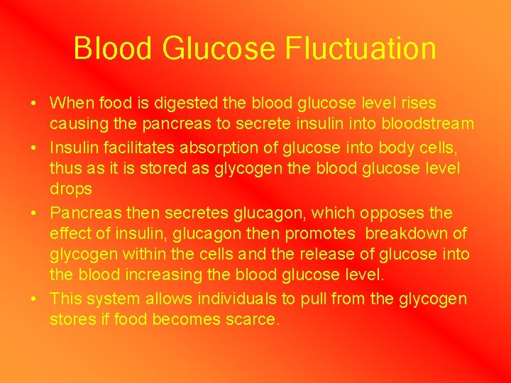 Blood Glucose Fluctuation • When food is digested the blood glucose level rises causing