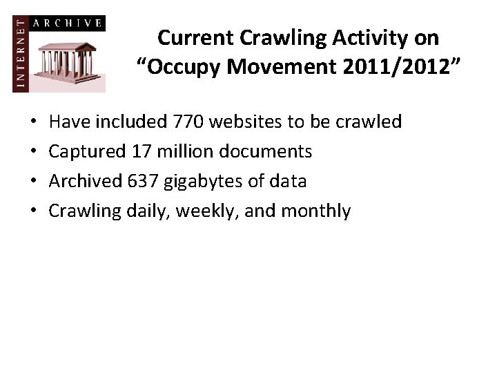 Current Crawling Activity on “Occupy Movement 2011/2012” • • Have included 770 websites to