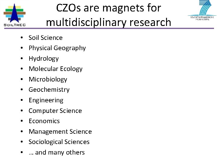 CZOs are magnets for multidisciplinary research • • • Soil Science Physical Geography Hydrology