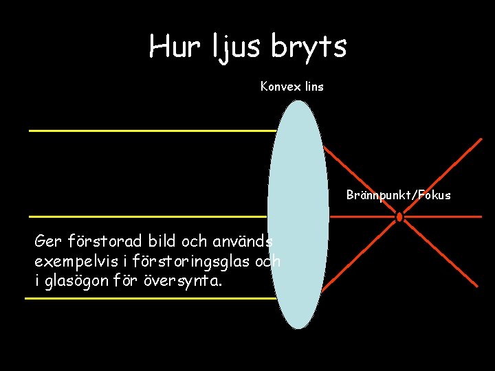 Hur ljus bryts Konvex lins Brännpunkt/Fokus Ger förstorad bild och används exempelvis i förstoringsglas