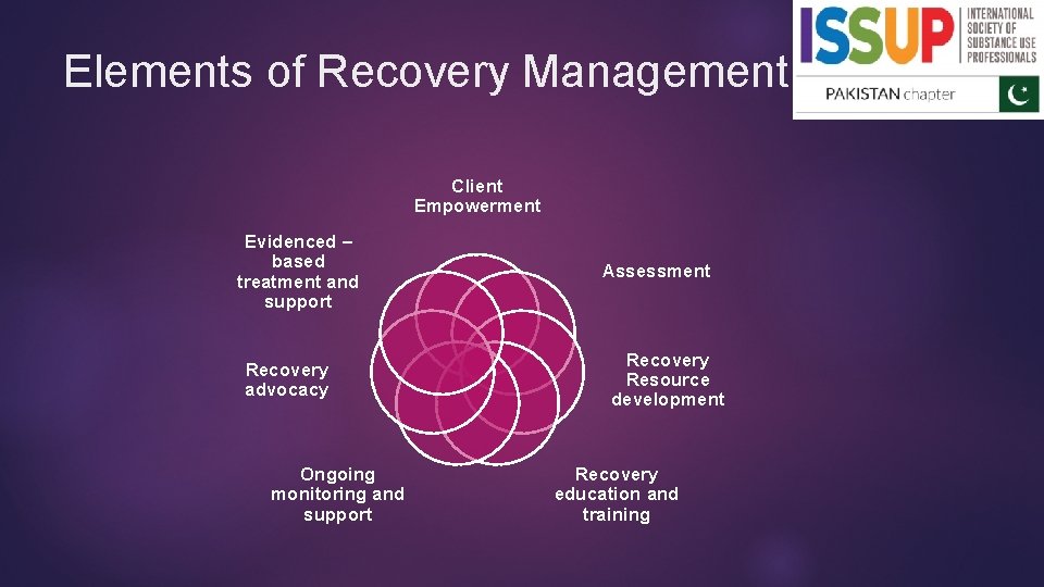 Elements of Recovery Management Client Empowerment Evidenced – based treatment and support Recovery advocacy