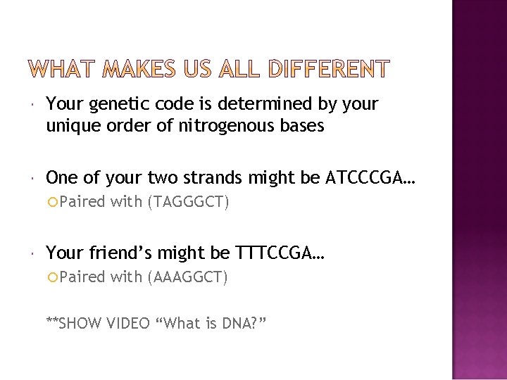  Your genetic code is determined by your unique order of nitrogenous bases One