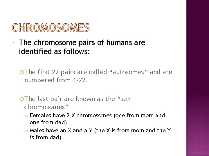  The chromosome pairs of humans are identified as follows: The first 22 pairs